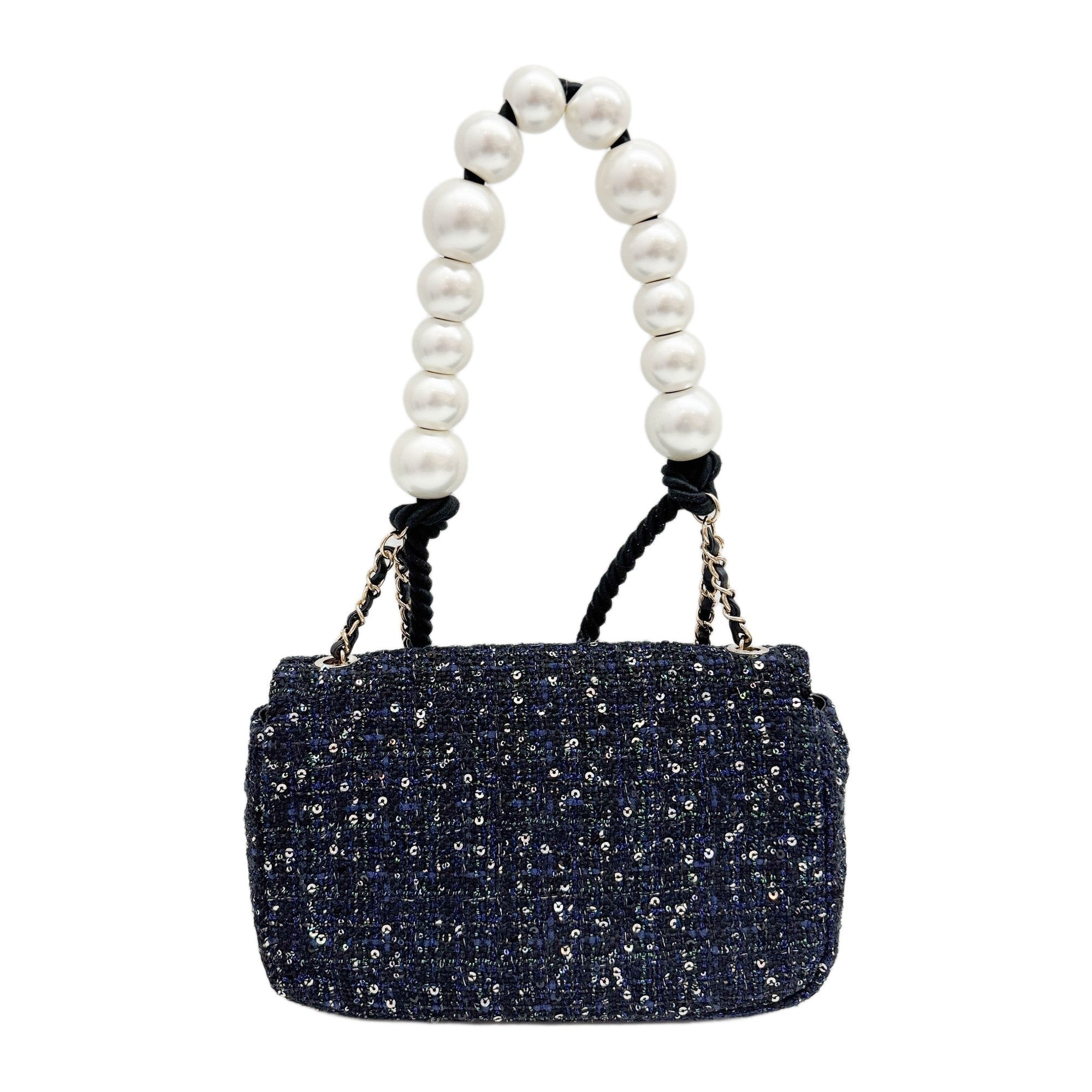 Double Flap Navy Tweed with Multi-color Sequin Pearl Detail Shoulder Strap Bag