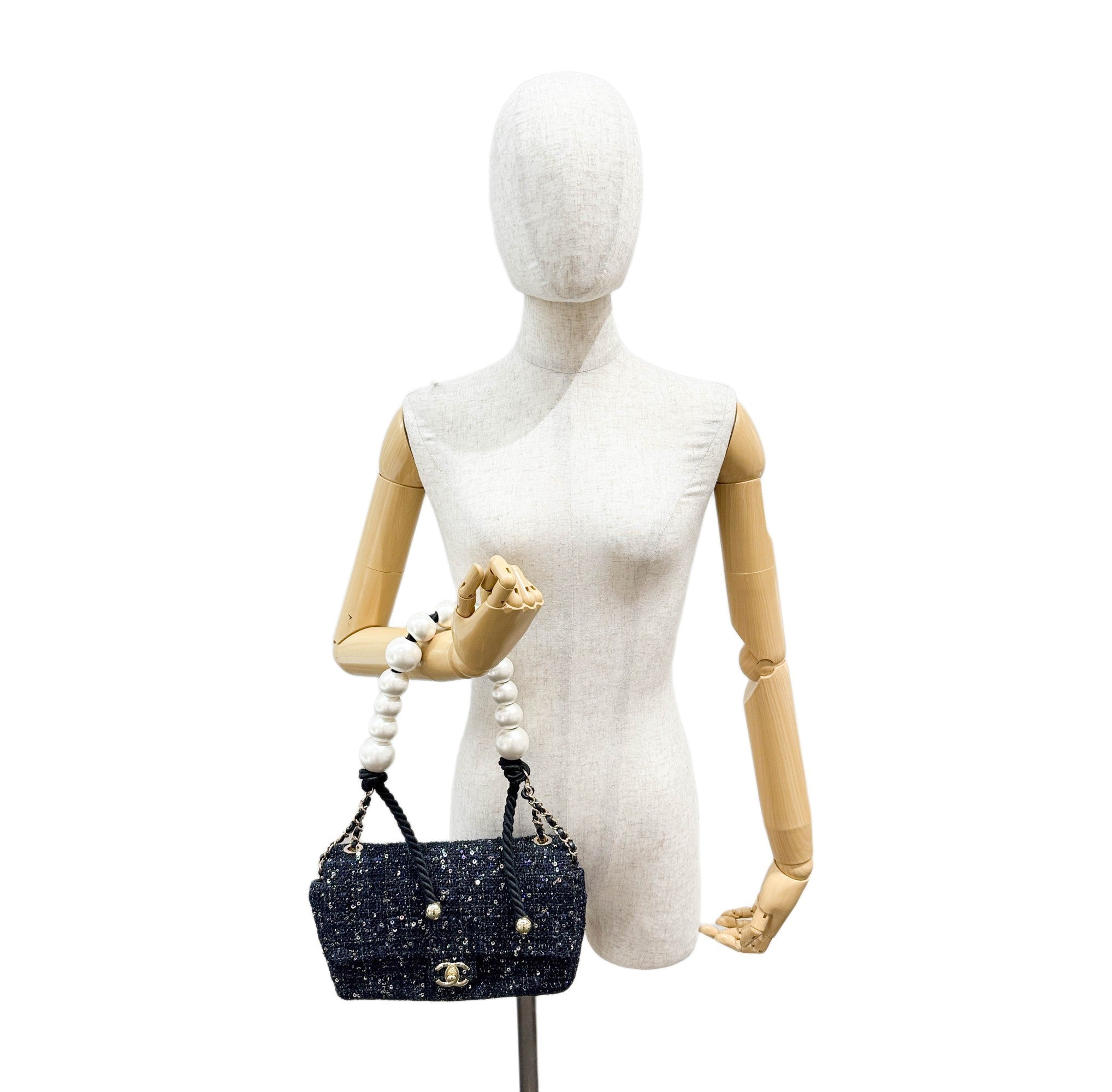 Double Flap Navy Tweed with Multi-color Sequin Pearl Detail Shoulder Strap Bag