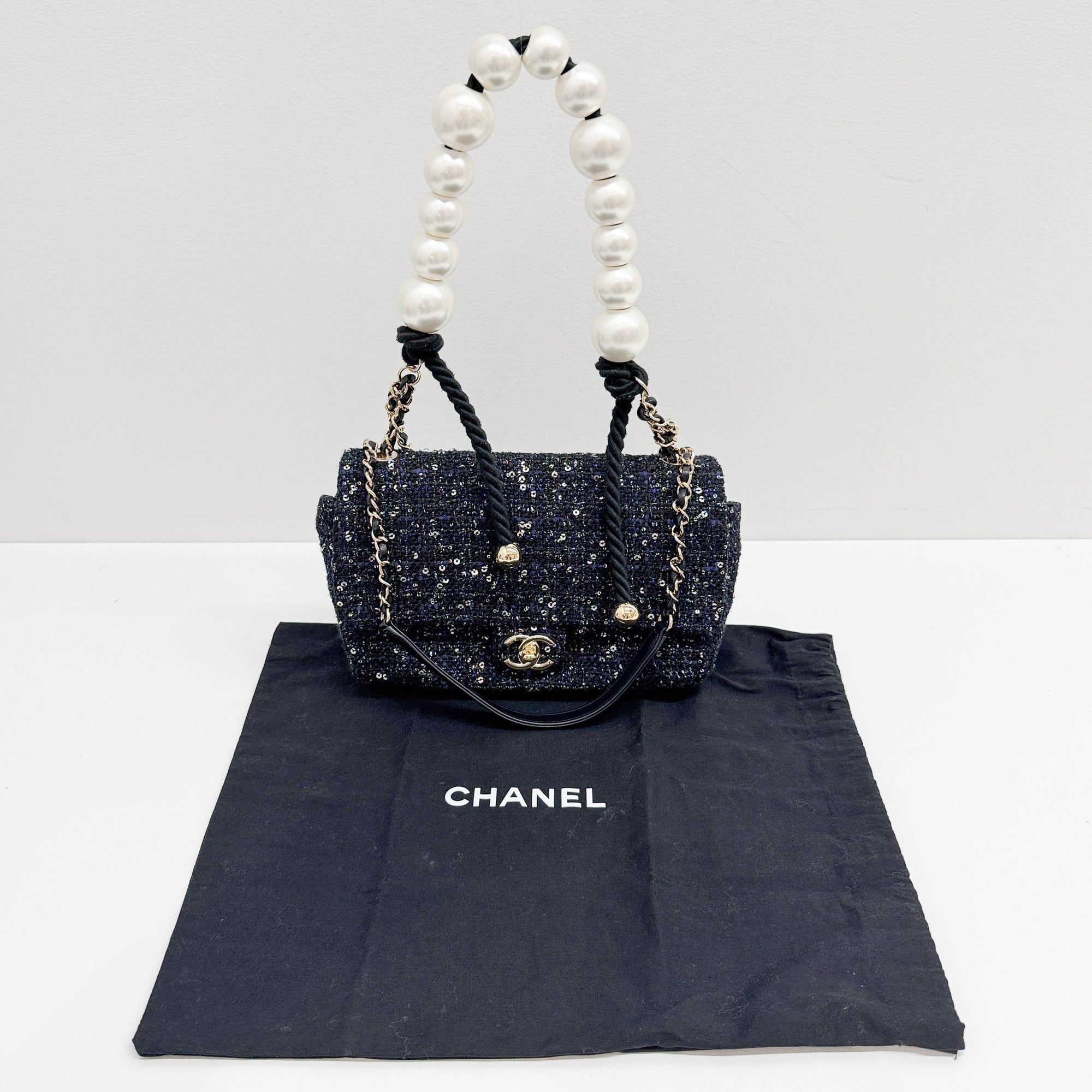 Double Flap Navy Tweed with Multi-color Sequin Pearl Detail Shoulder Strap Bag