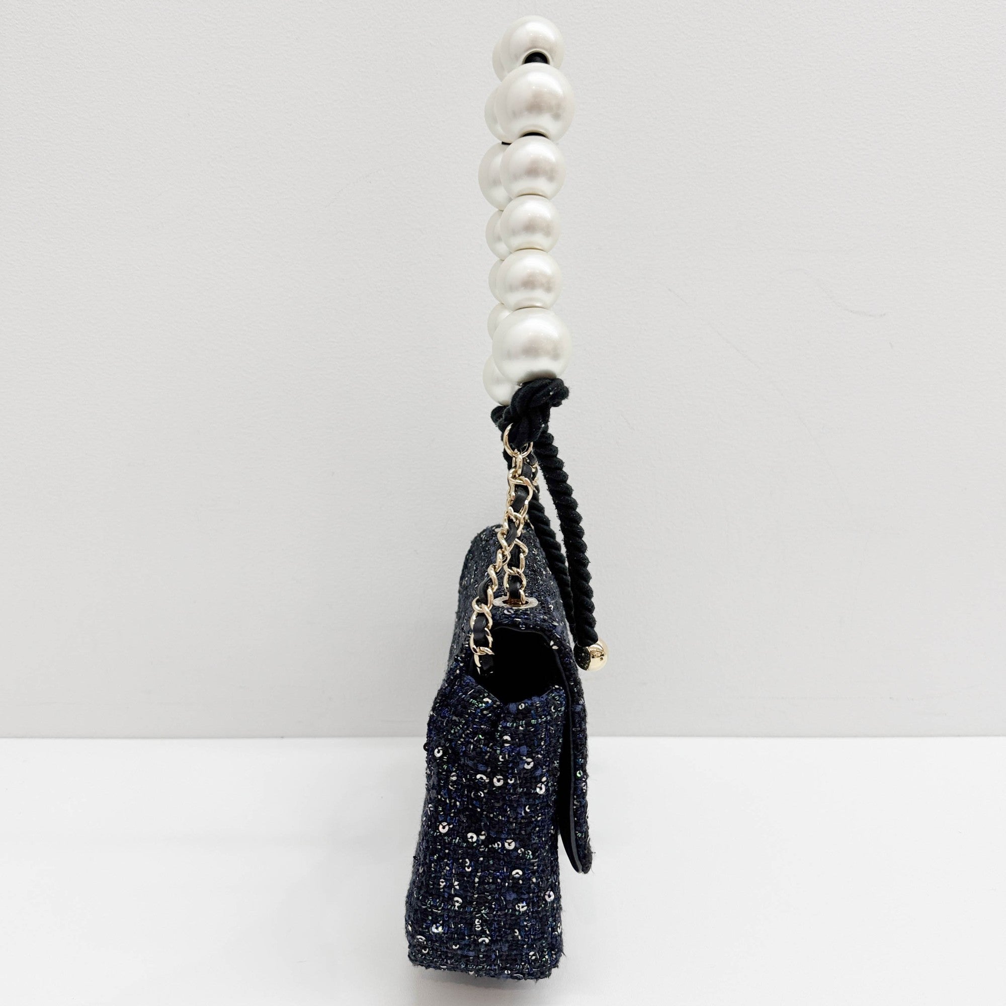 Double Flap Navy Tweed with Multi-color Sequin Pearl Detail Shoulder Strap Bag