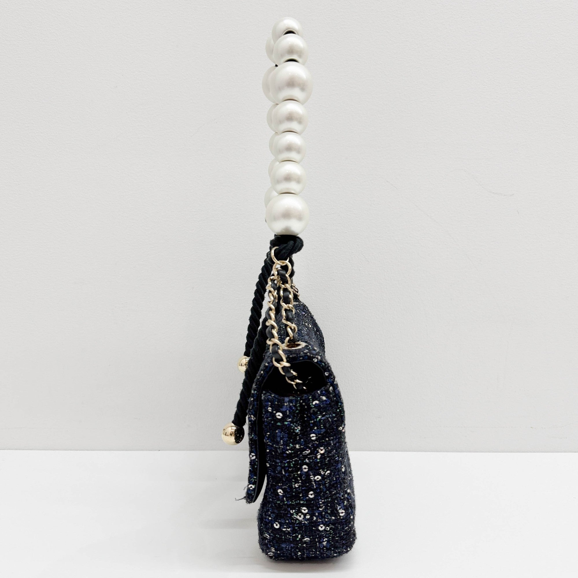 Double Flap Navy Tweed with Multi-color Sequin Pearl Detail Shoulder Strap Bag