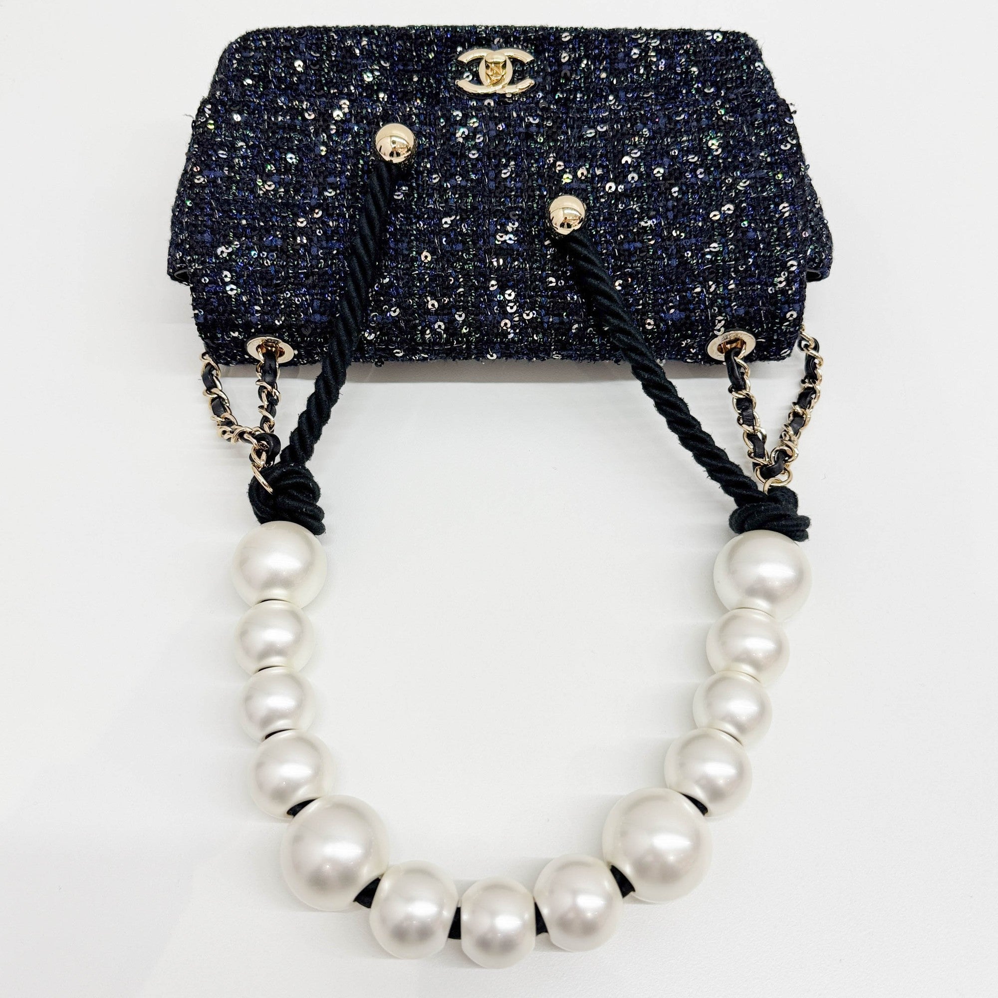 Double Flap Navy Tweed with Multi-color Sequin Pearl Detail Shoulder Strap Bag