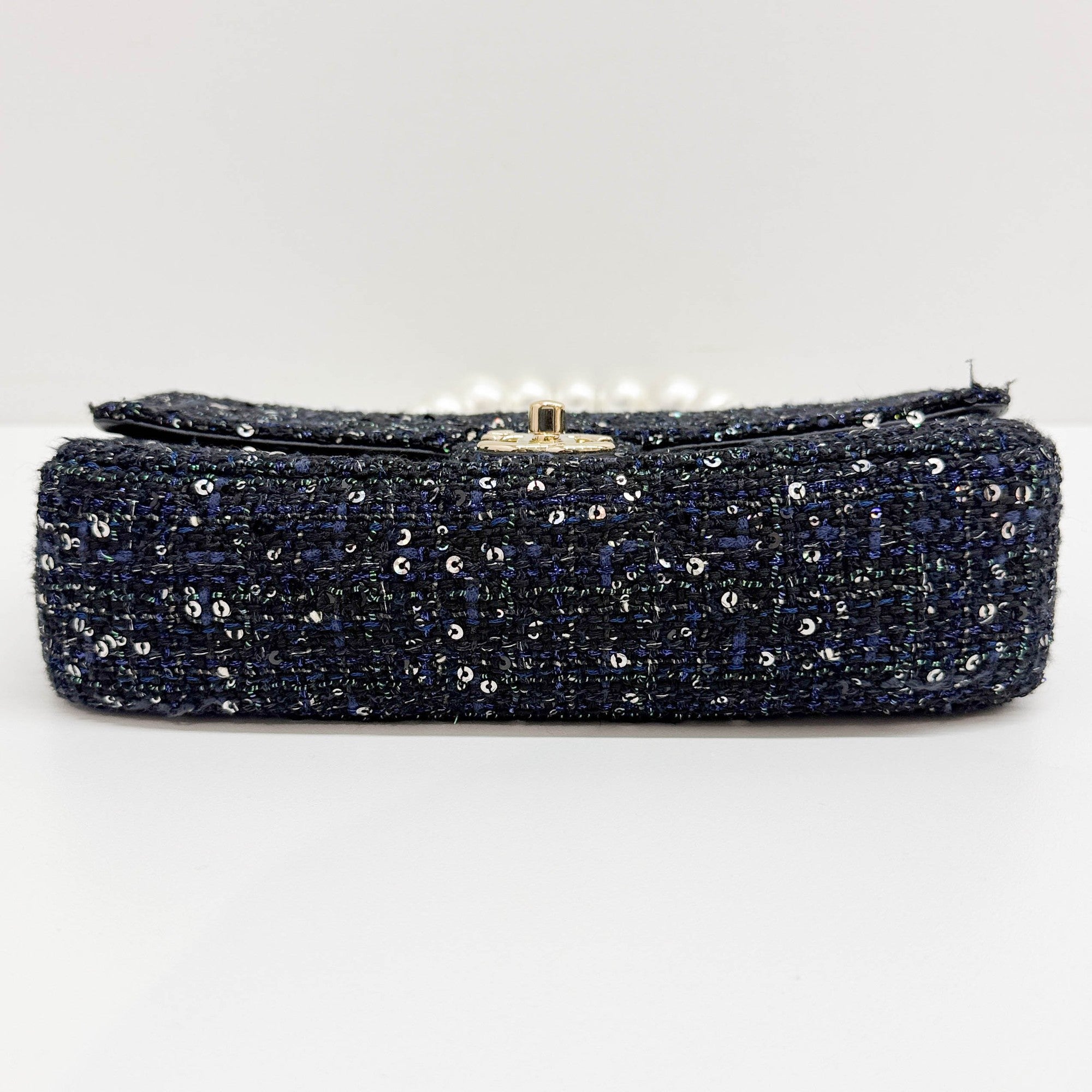 Double Flap Navy Tweed with Multi-color Sequin Pearl Detail Shoulder Strap Bag