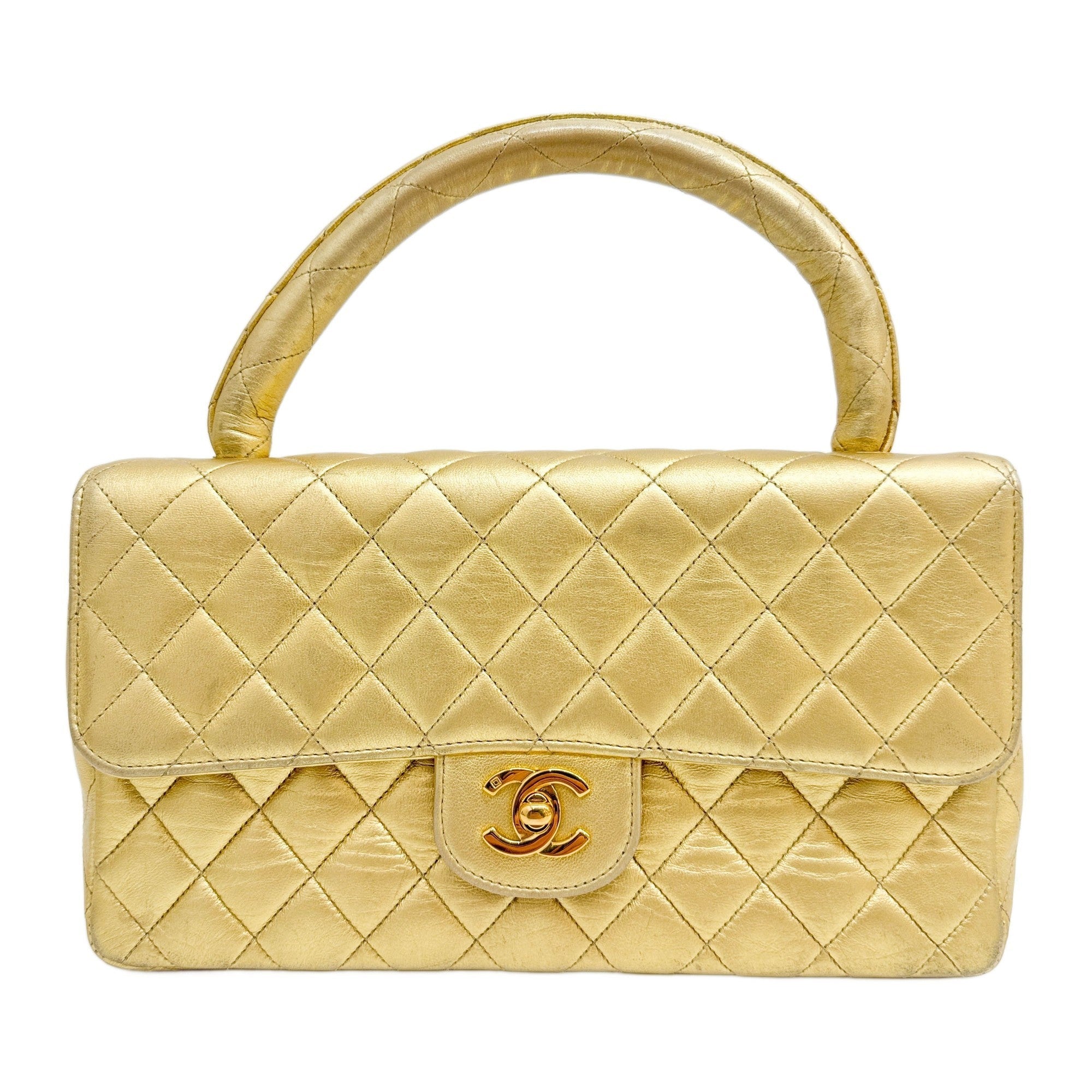 Set Of 2 Coco Handle Matelasse Gold Leather Hand Bags