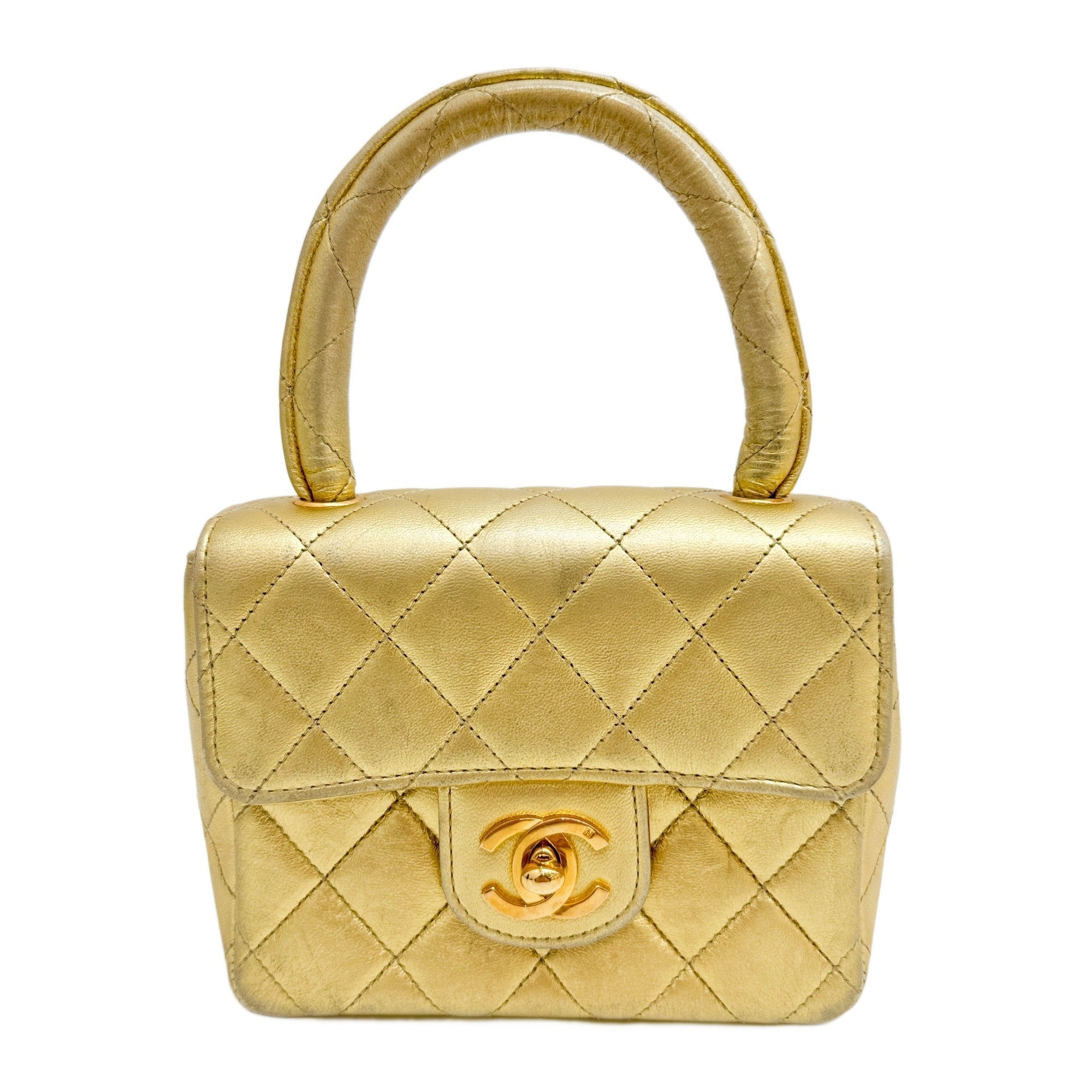 Set Of 2 Coco Handle Matelasse Gold Leather Hand Bags