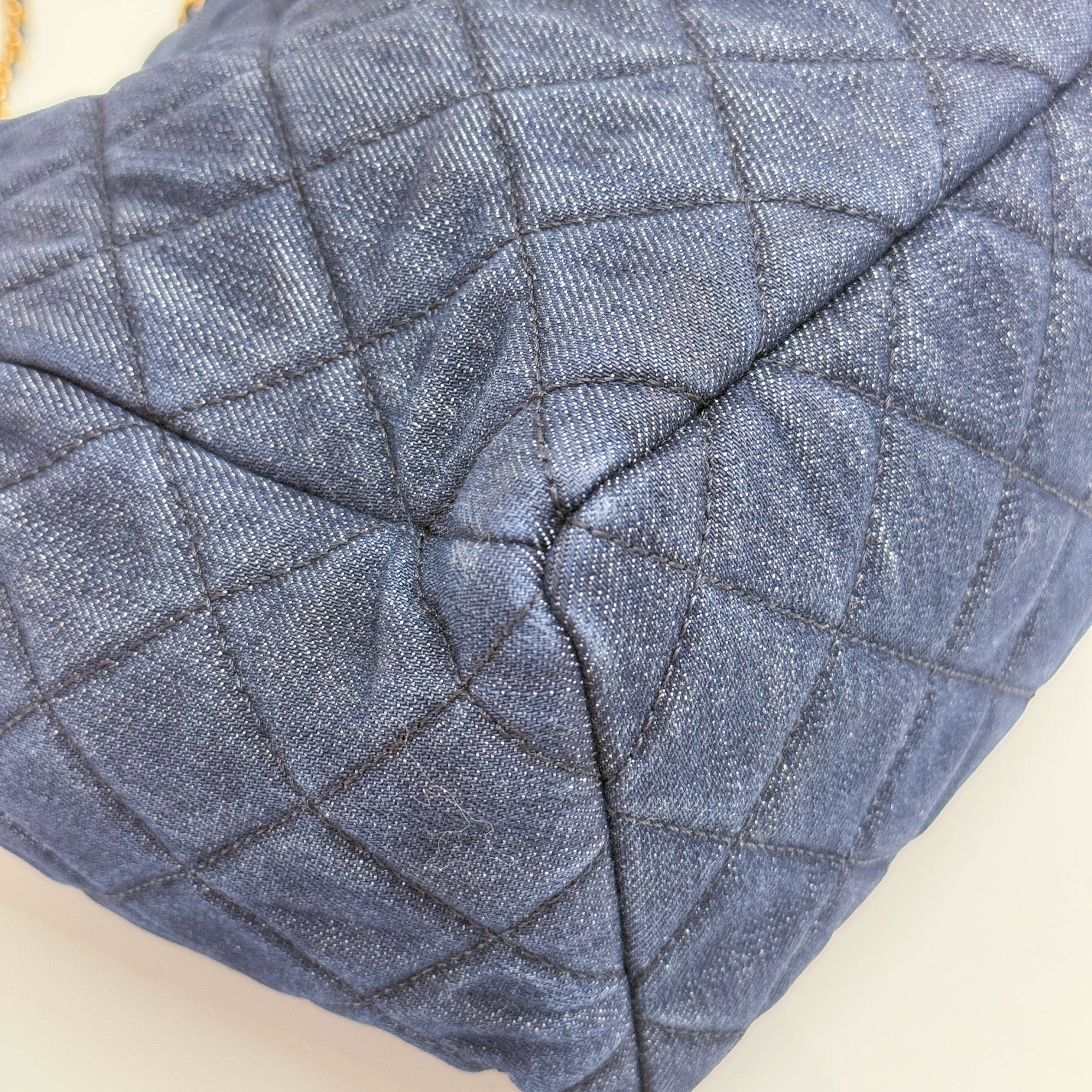 Drawstring Blue Denim Gold Strap Shoulder Bag