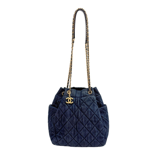 Drawstring Blue Denim Gold Strap Shoulder Bag