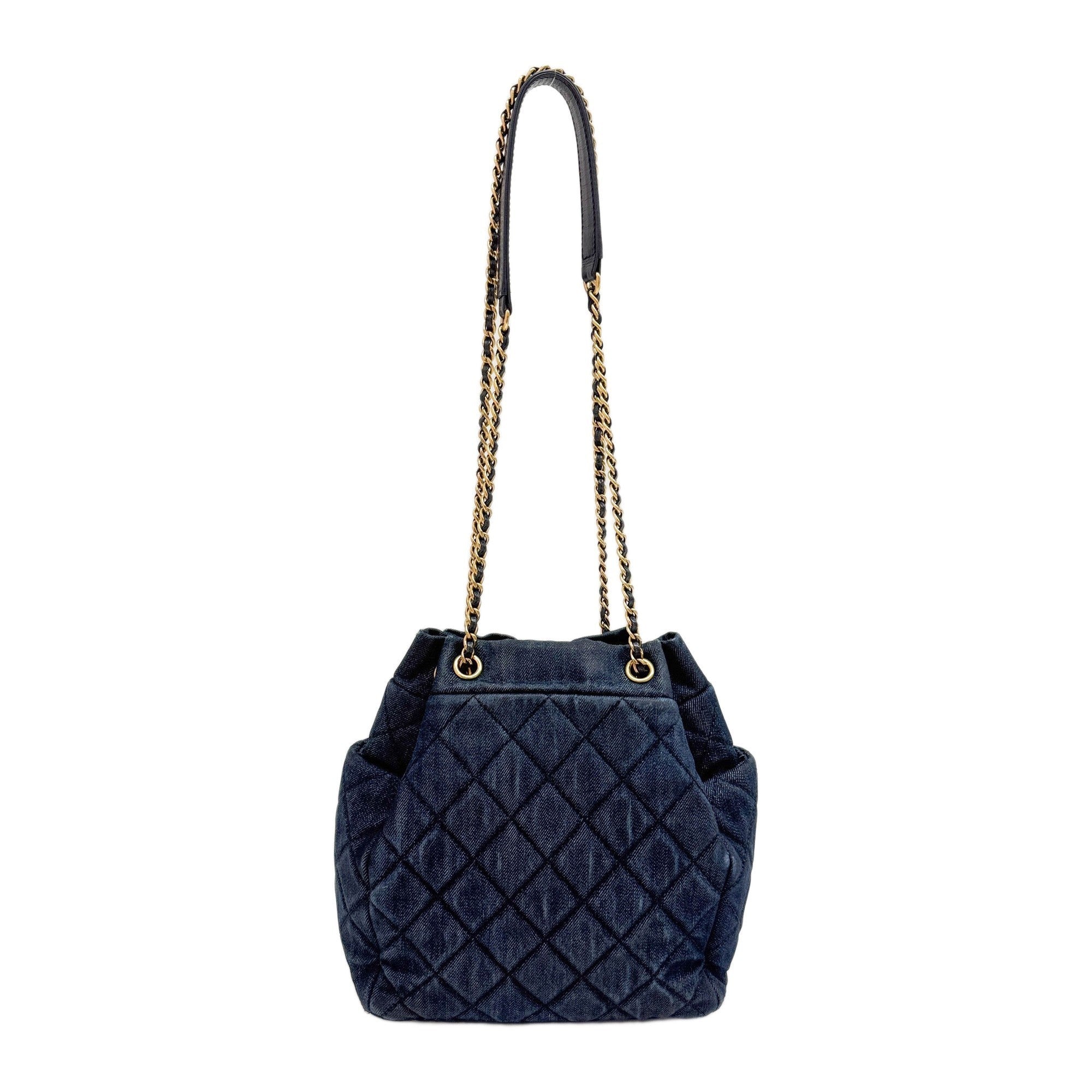 Drawstring Blue Denim Gold Strap Shoulder Bag
