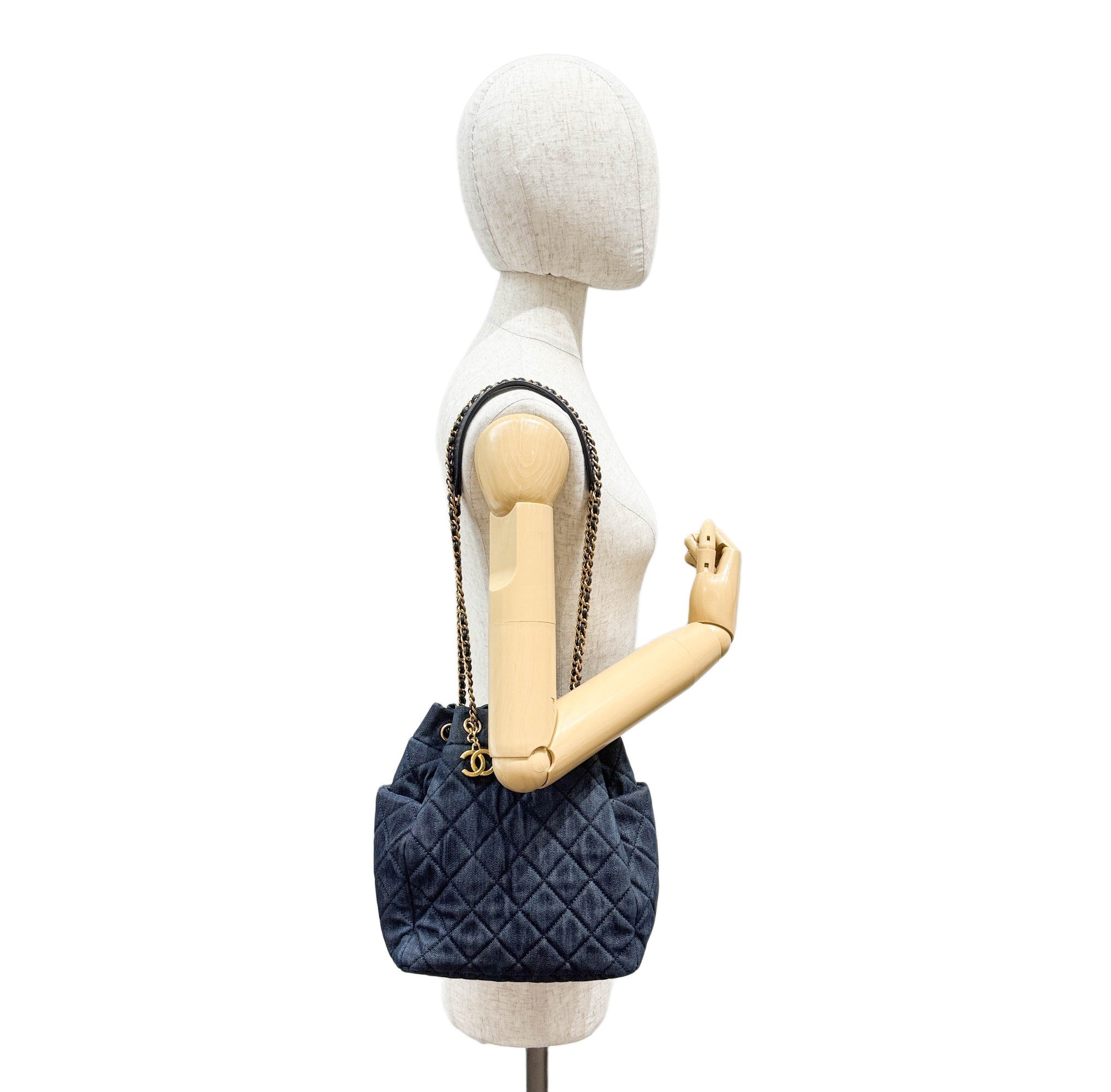 Drawstring Blue Denim Gold Strap Shoulder Bag