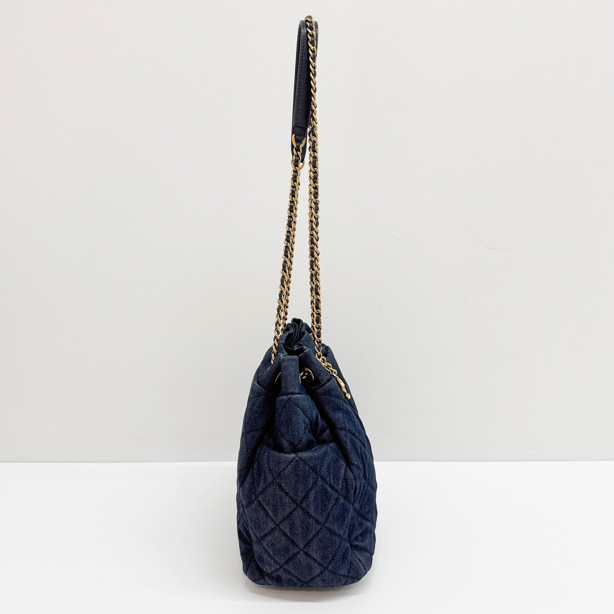Drawstring Blue Denim Gold Strap Shoulder Bag