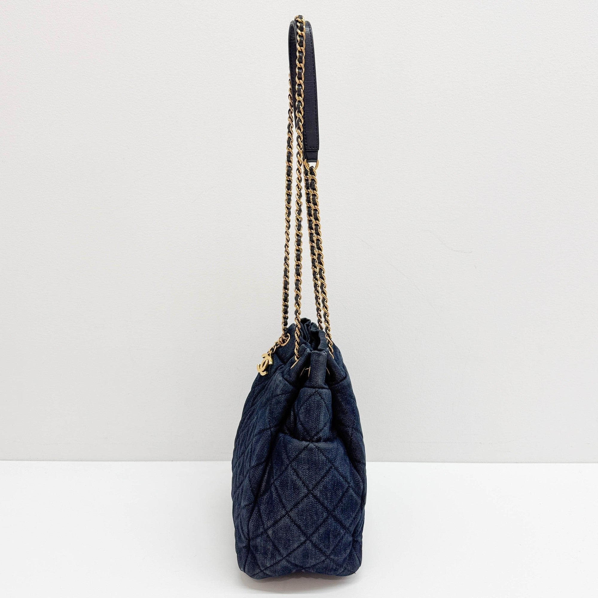 Drawstring Blue Denim Gold Strap Shoulder Bag