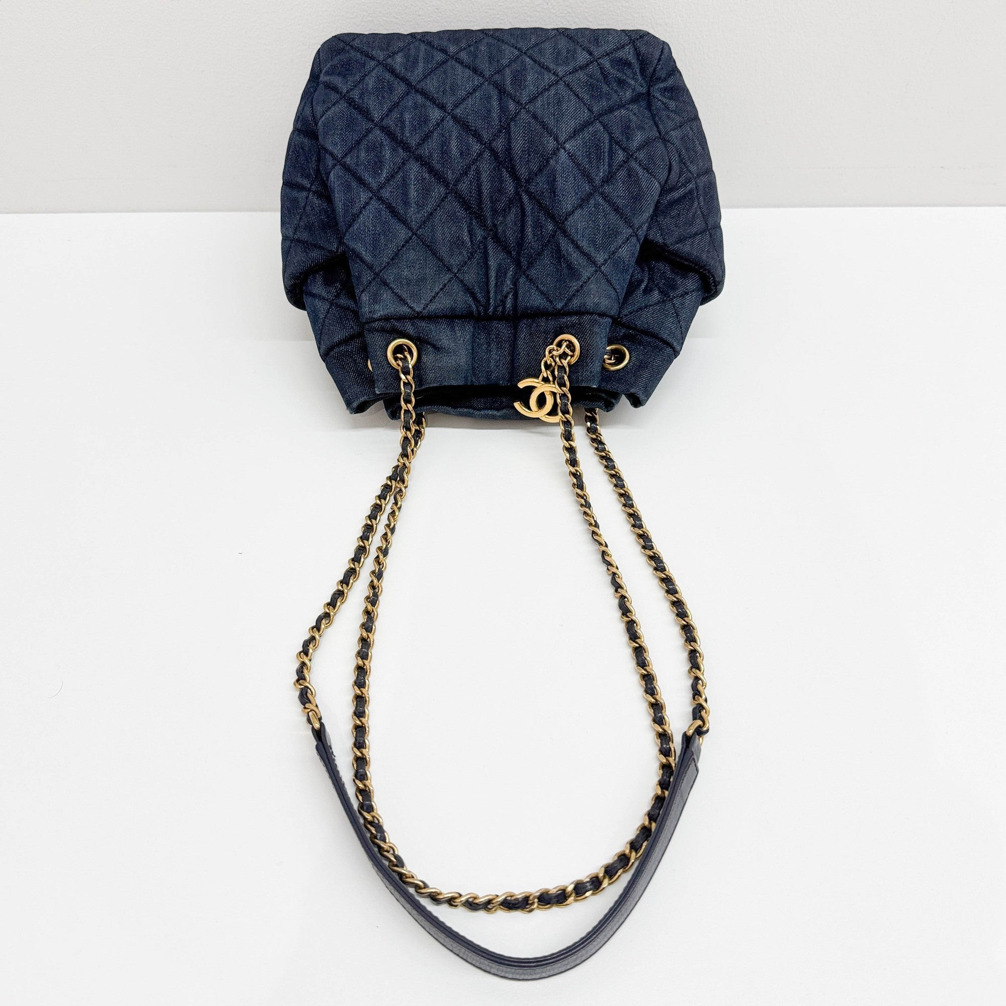 Drawstring Blue Denim Gold Strap Shoulder Bag