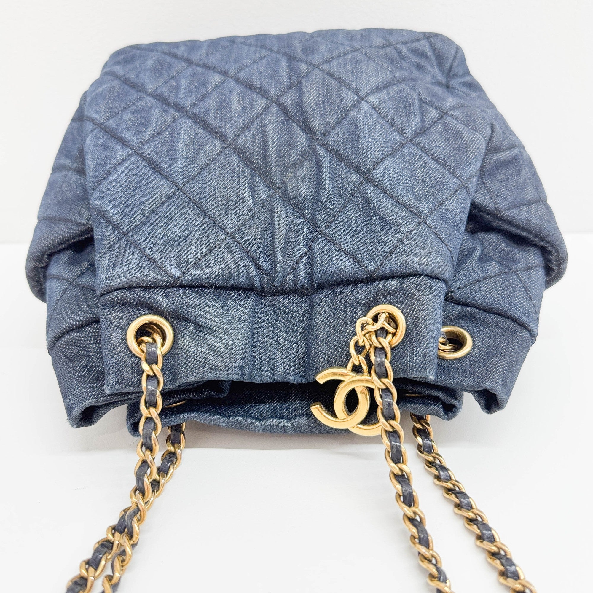 Drawstring Blue Denim Gold Strap Shoulder Bag