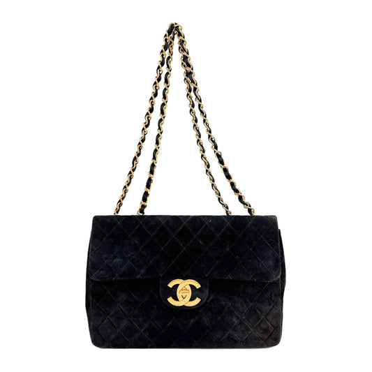 Maxi Flap Matelasse Black Suede Shoulder Bag