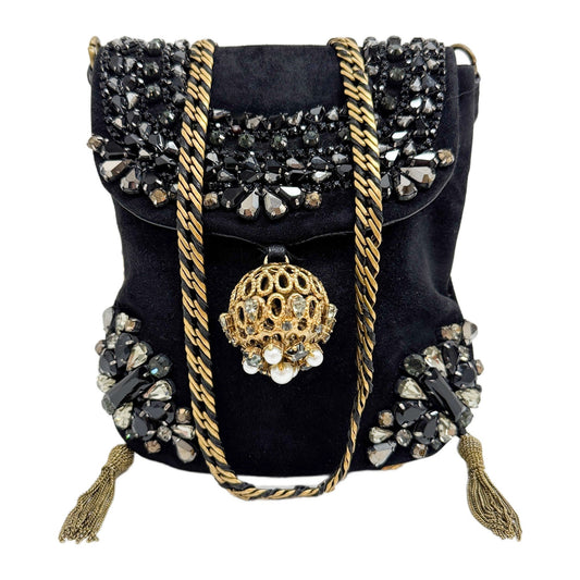 Bejewled Sphere Black Suede Crossbody Bag