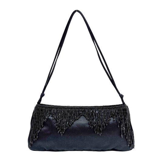 Vintage Beaded Black Satin Shoulder Bag