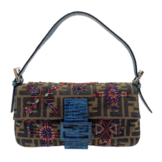 Baguette Embroidery Brown Zucca Canvas Shoulder Bag
