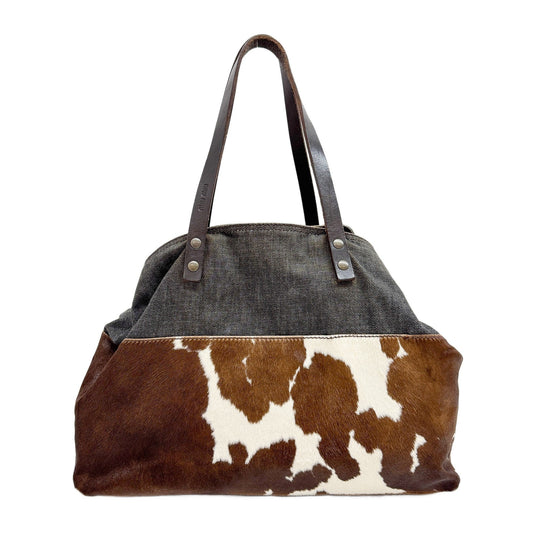 Brown Cow Print Pony Hair & Denim Tote Bag