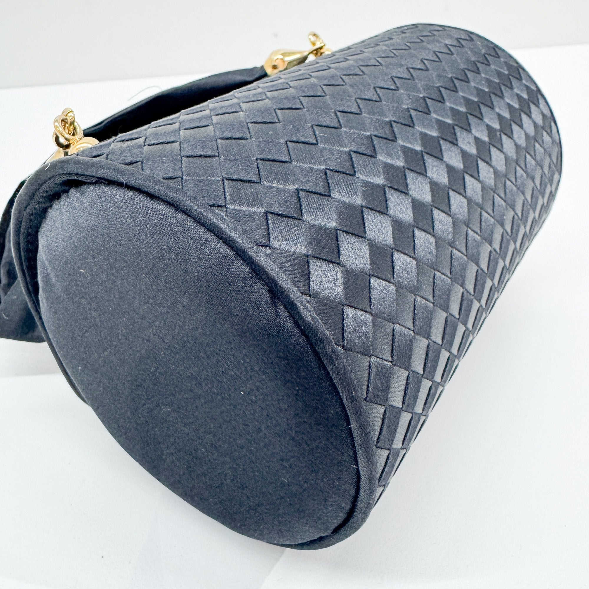Intrecciato Black Satin Cylindrical Hand Bag