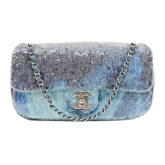 Classic Flap Waterfall Blue Sequin Shoulder Bag