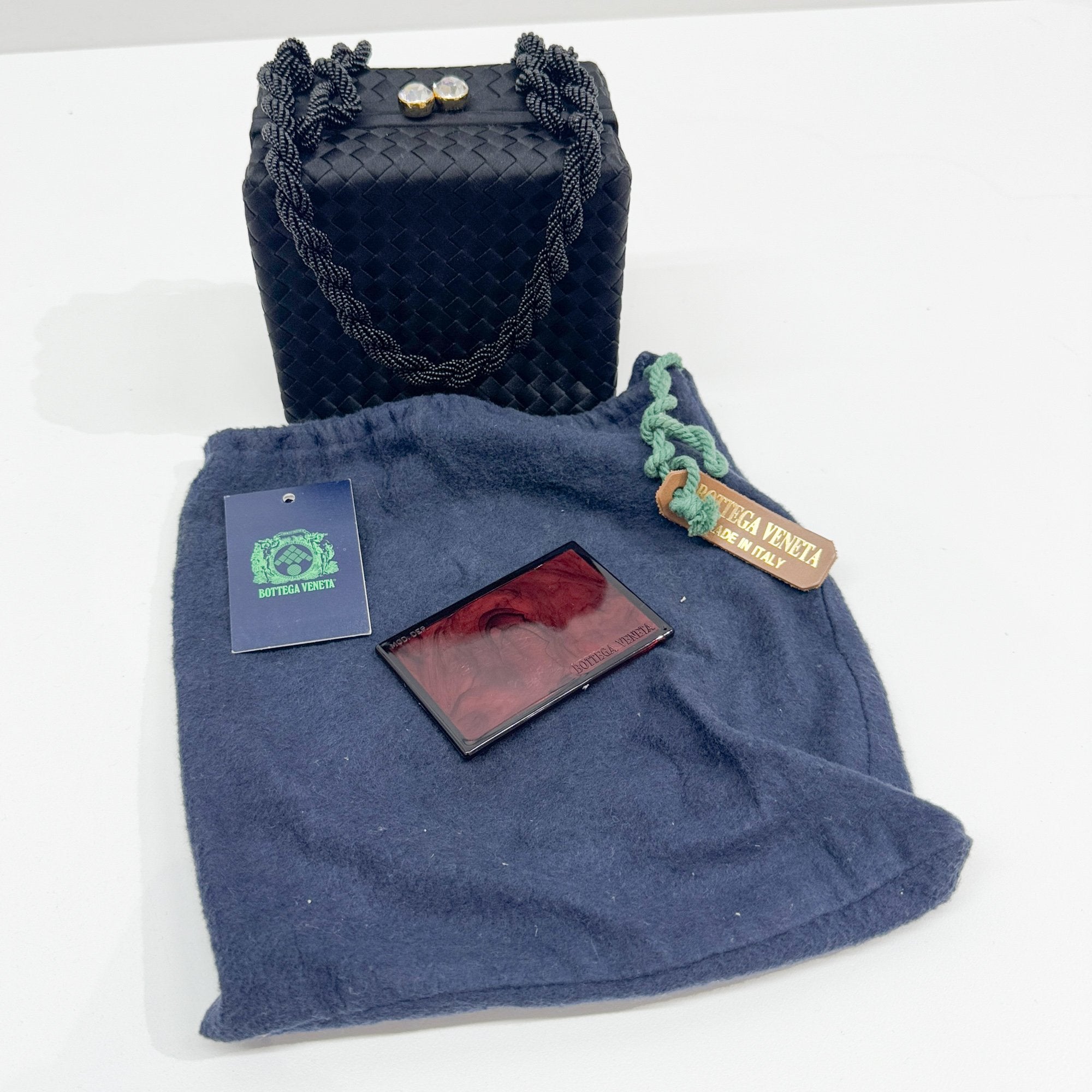 Intrecciato Box Black Satin Hand Bag