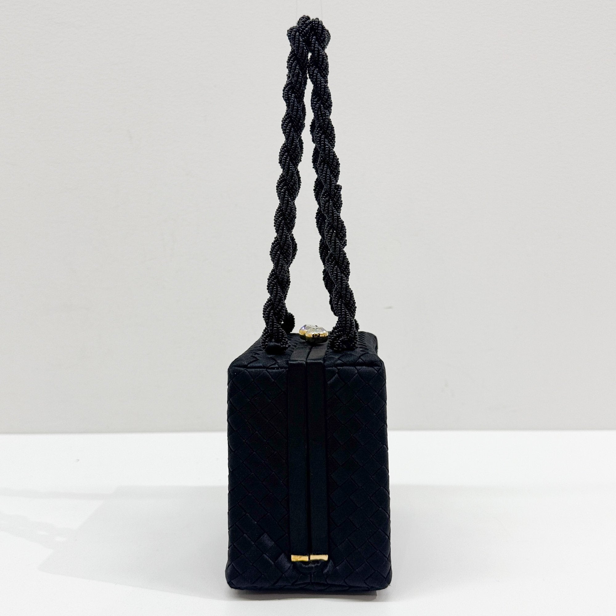 Intrecciato Box Black Satin Hand Bag