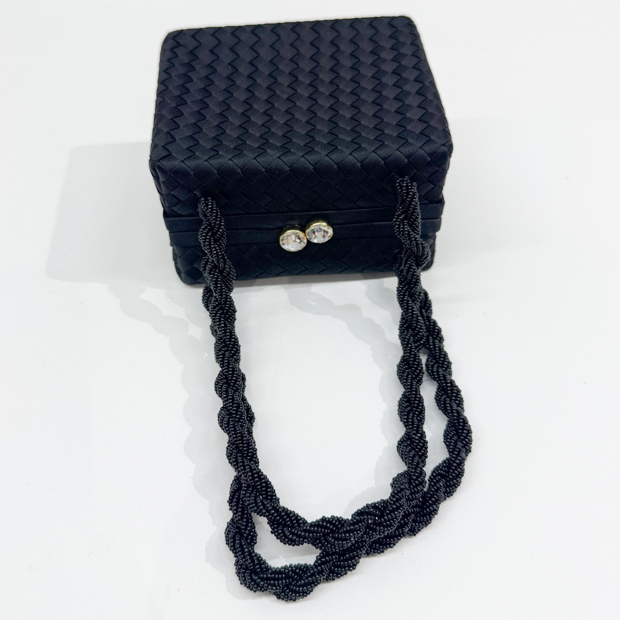 Intrecciato Box Black Satin Hand Bag