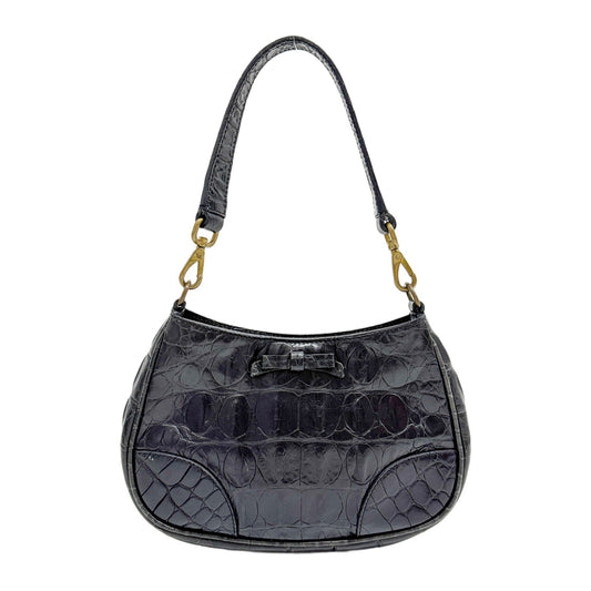 Black Crocodile Embossed Leather Shoulder Bag