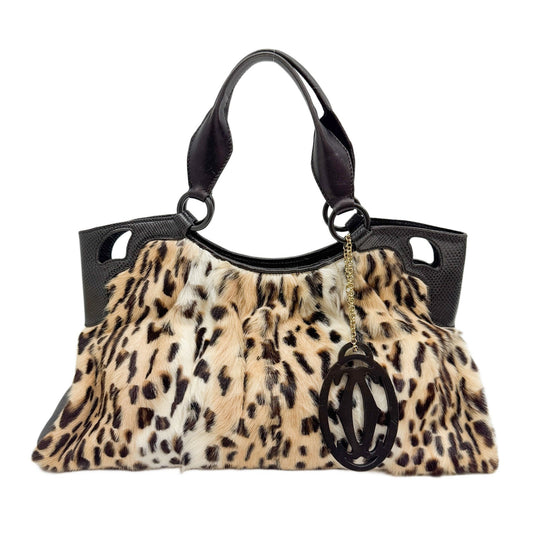Marcello Tan Leopard Print Fur & Brown Python Embossed Leather Hand Bag