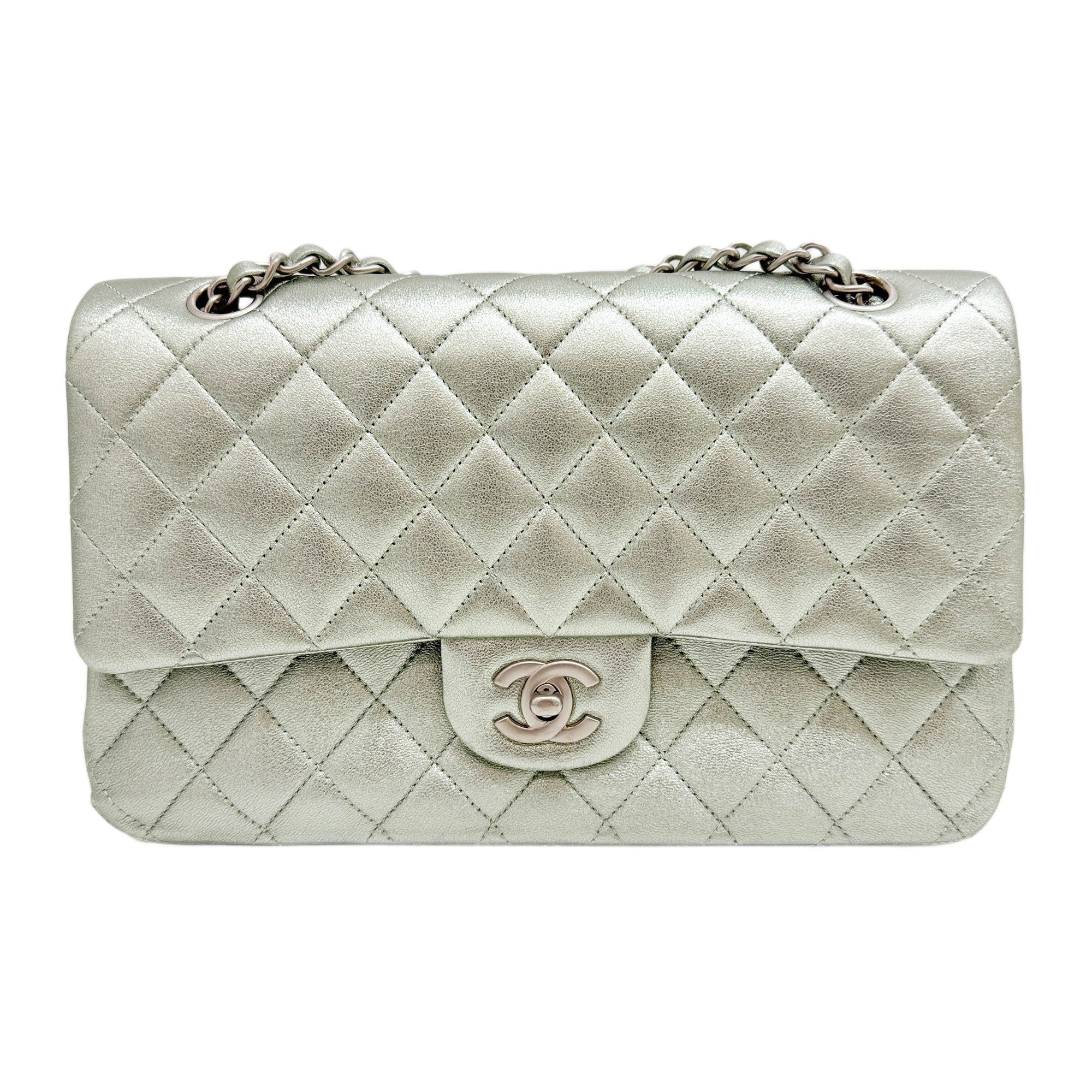 Classic Double Flap Matelasse Pearl Green Leather Shoulder Bag