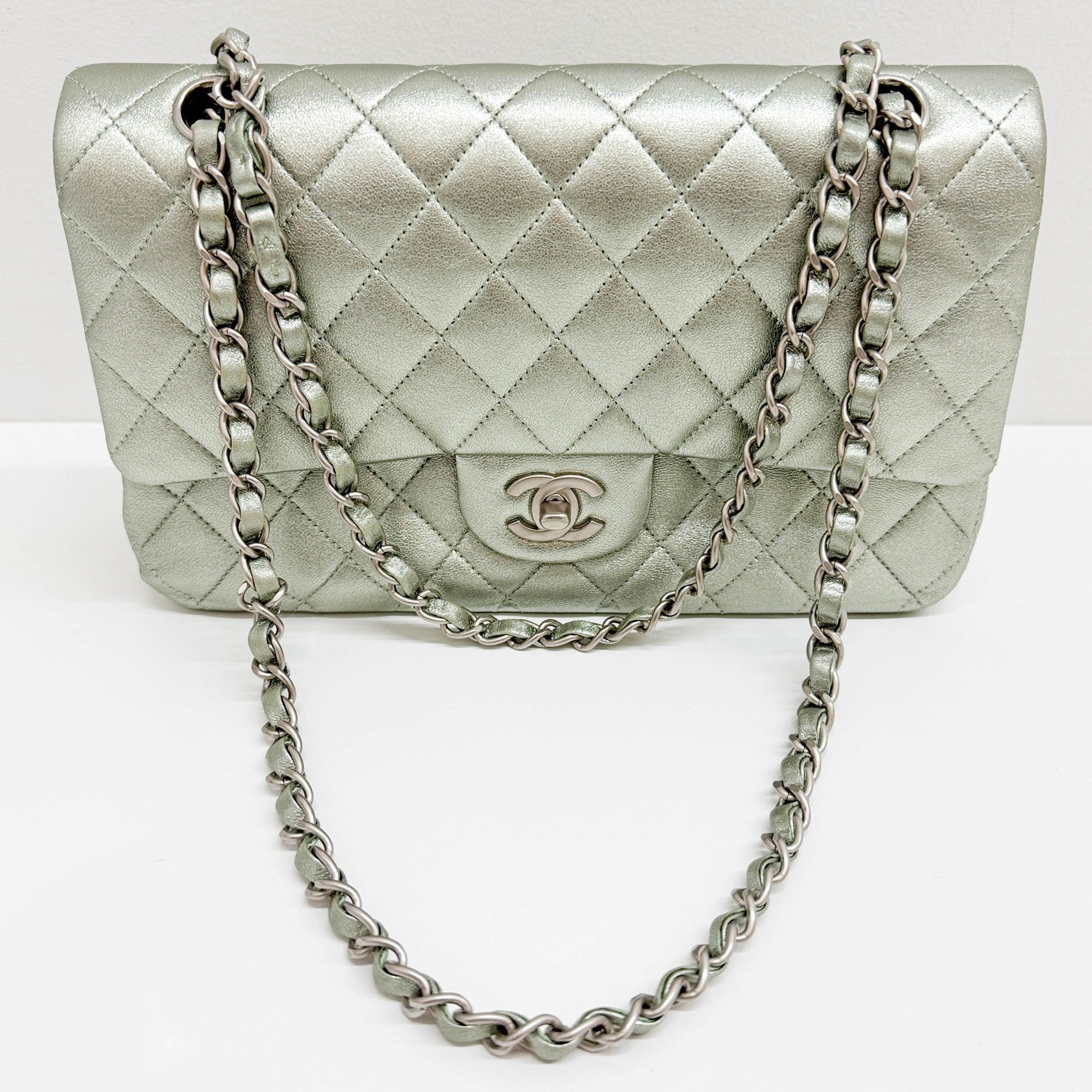 Classic Double Flap Matelasse Pearl Green Leather Shoulder Bag