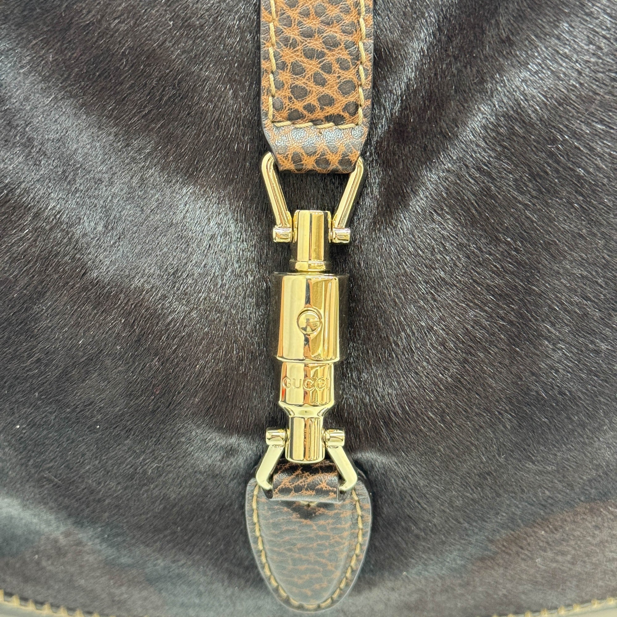 New Jackie Brown Leather Trim Brown & Black Pony Hair Shoulder Bag