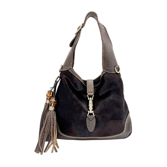 New Jackie Brown Leather Trim Brown & Black Pony Hair Shoulder Bag