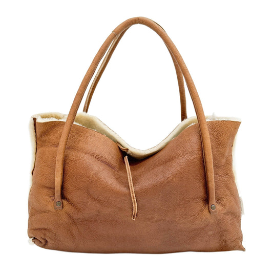 Fur Trim Brown Leather Tote Bag