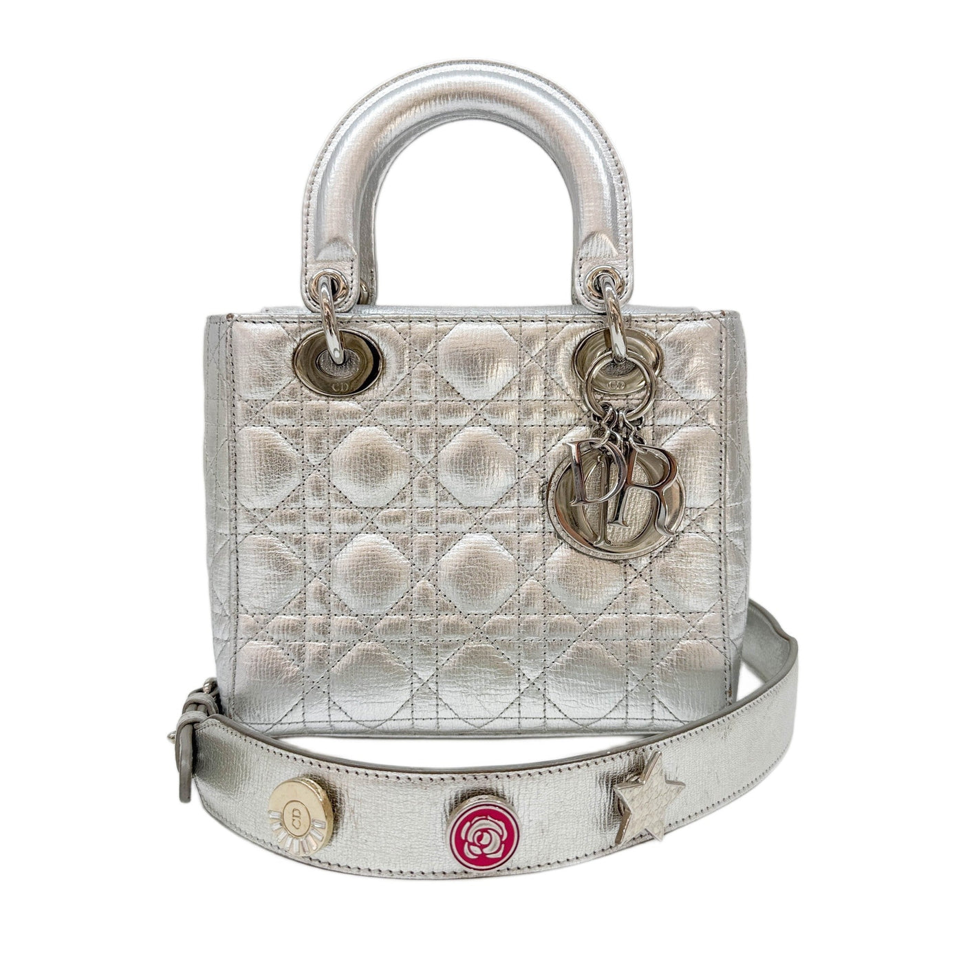 Lady Dior Silver Metallic Leather Two Way Bag