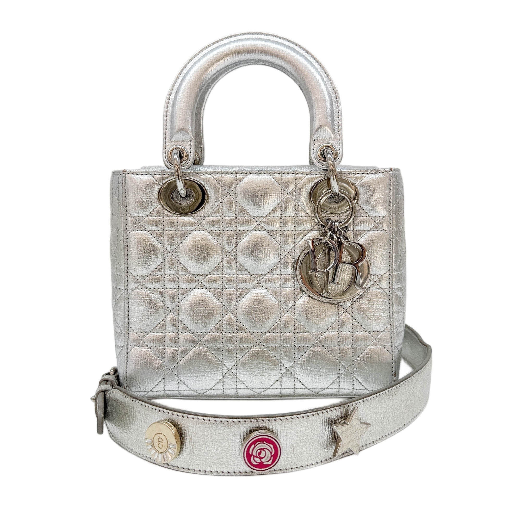 Lady Dior Silver Metallic Leather Two Way Bag
