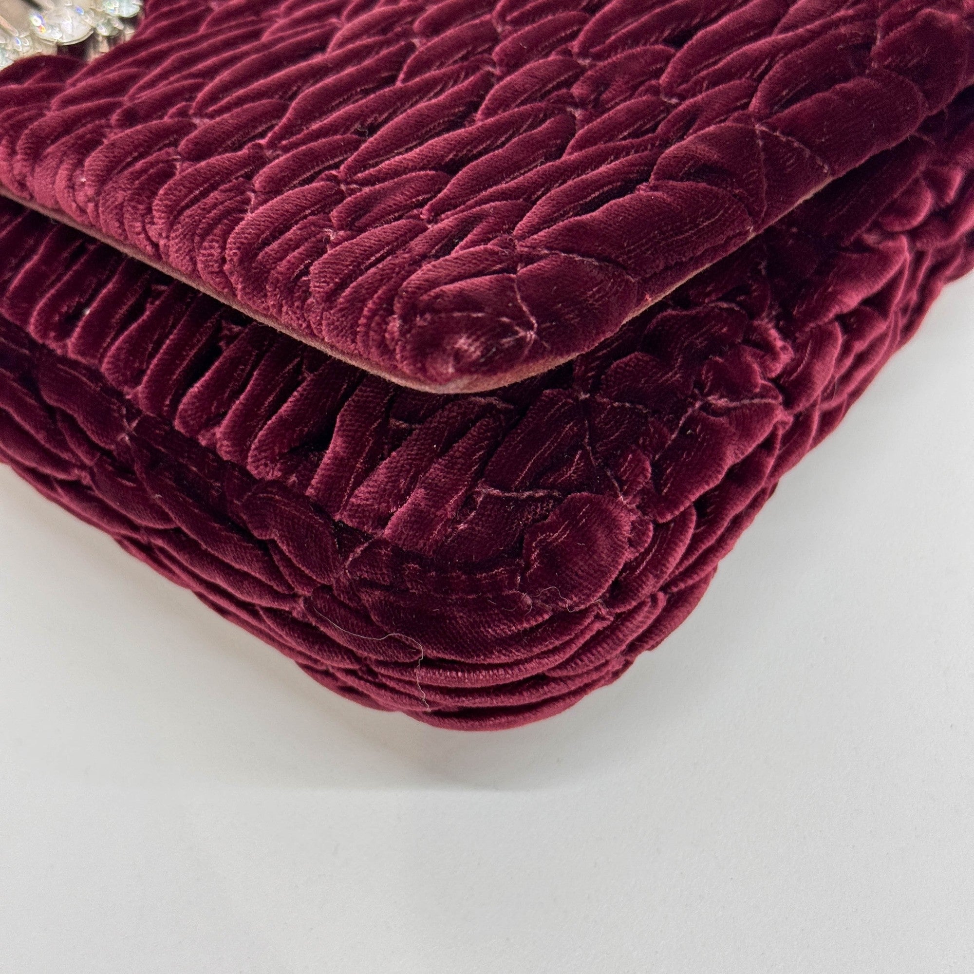 Crystal Chain Wine Red Matelasse Velvet Shoulder Bag