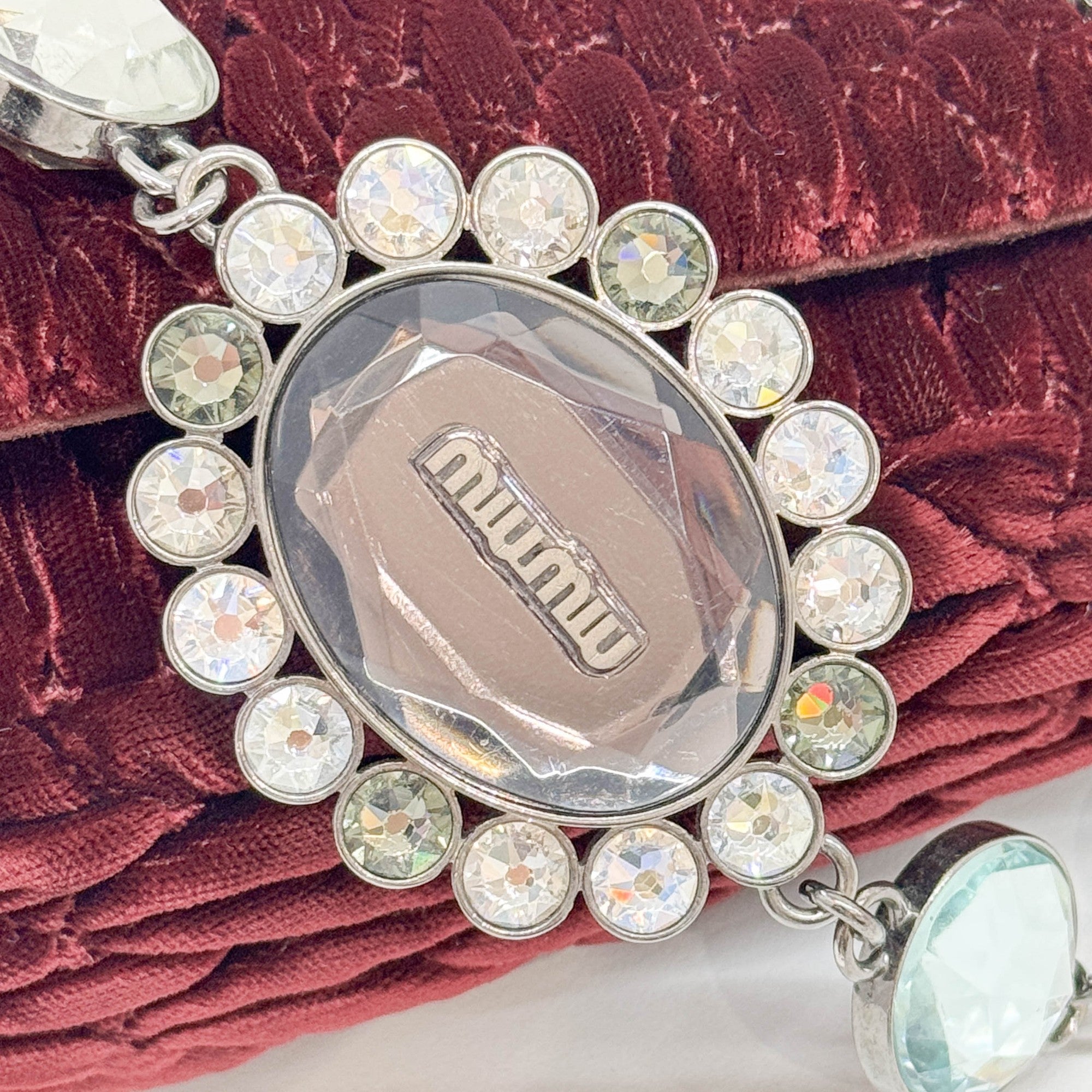 Crystal Chain Wine Red Matelasse Velvet Shoulder Bag