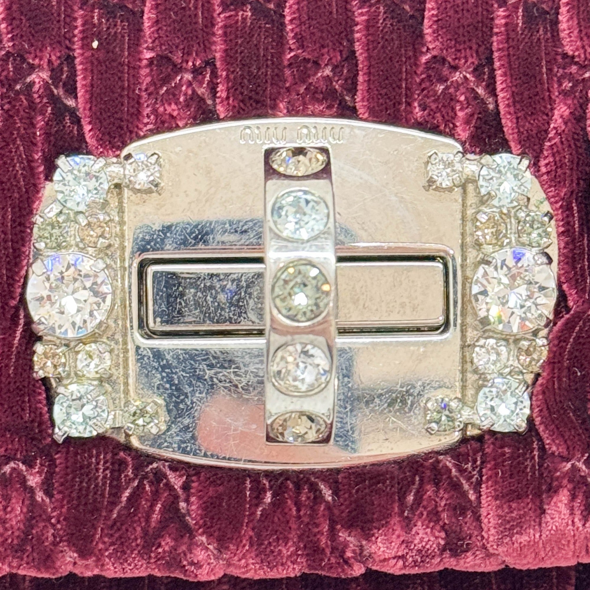 Crystal Chain Wine Red Matelasse Velvet Shoulder Bag