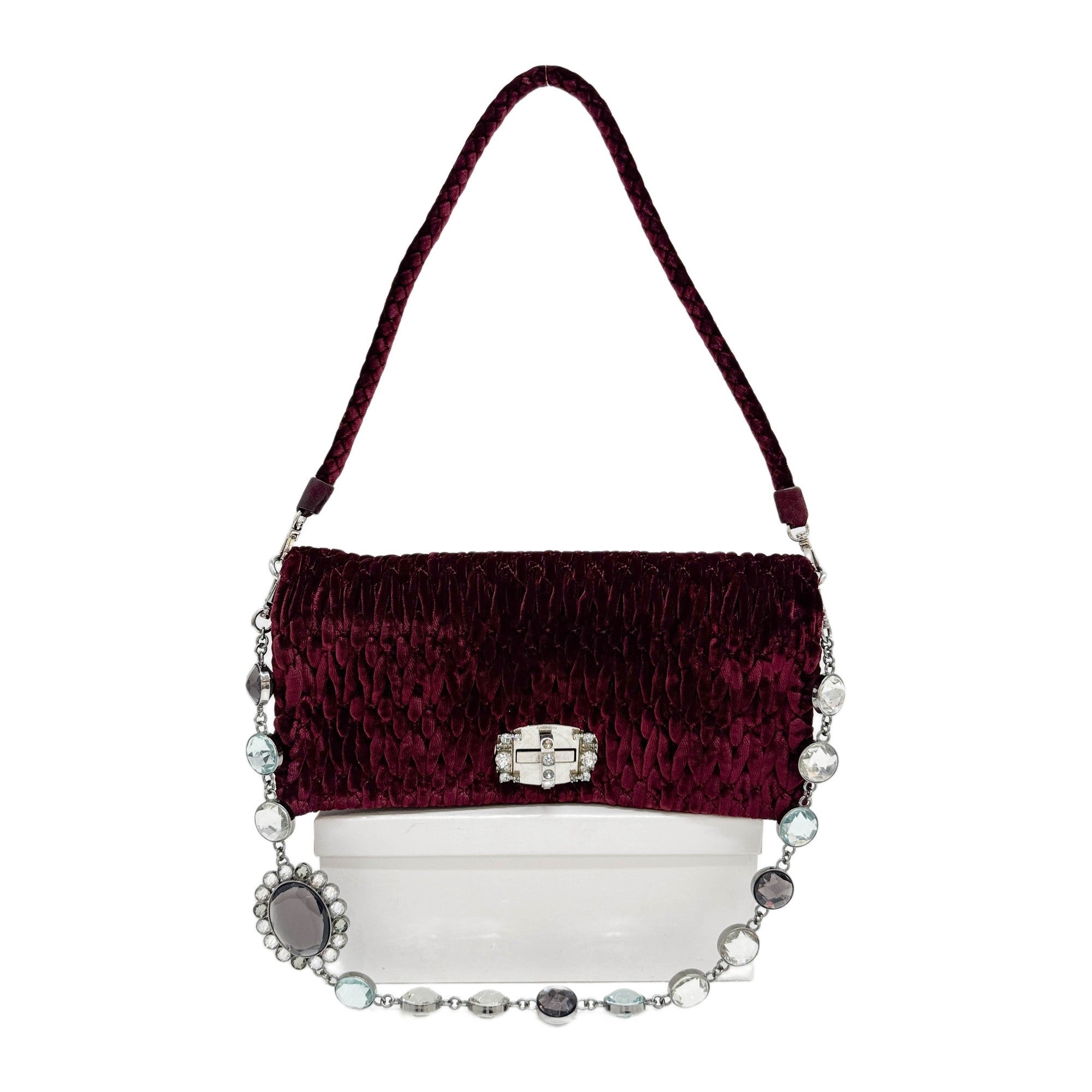 Crystal Chain Wine Red Matelasse Velvet Shoulder Bag