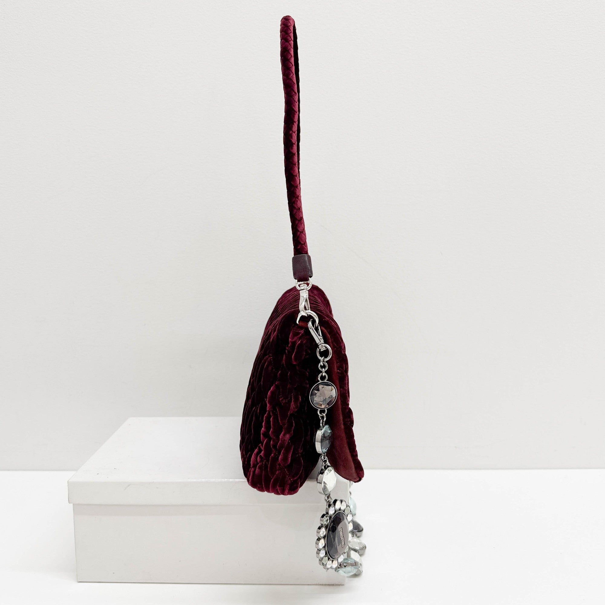 Crystal Chain Wine Red Matelasse Velvet Shoulder Bag
