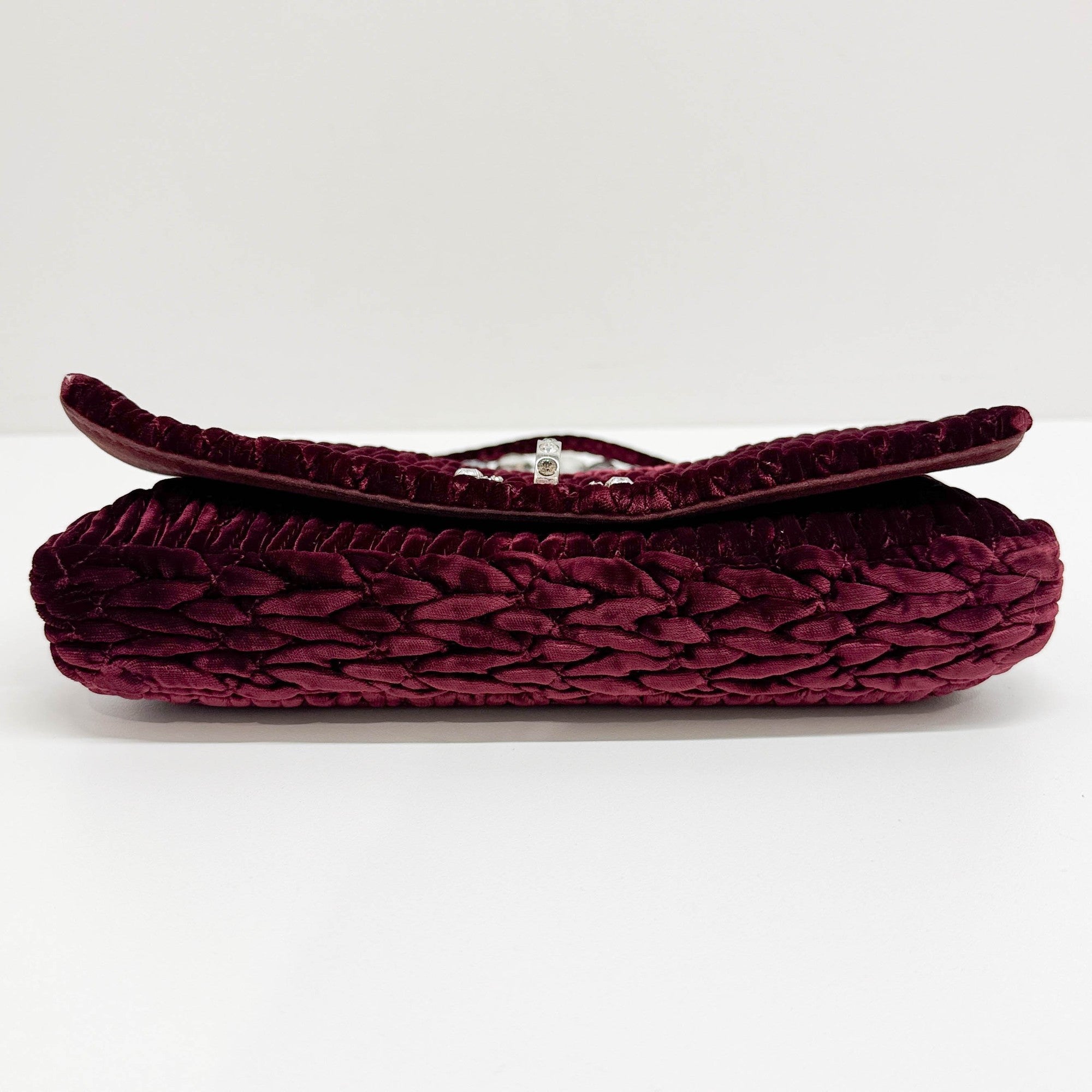 Crystal Chain Wine Red Matelasse Velvet Shoulder Bag