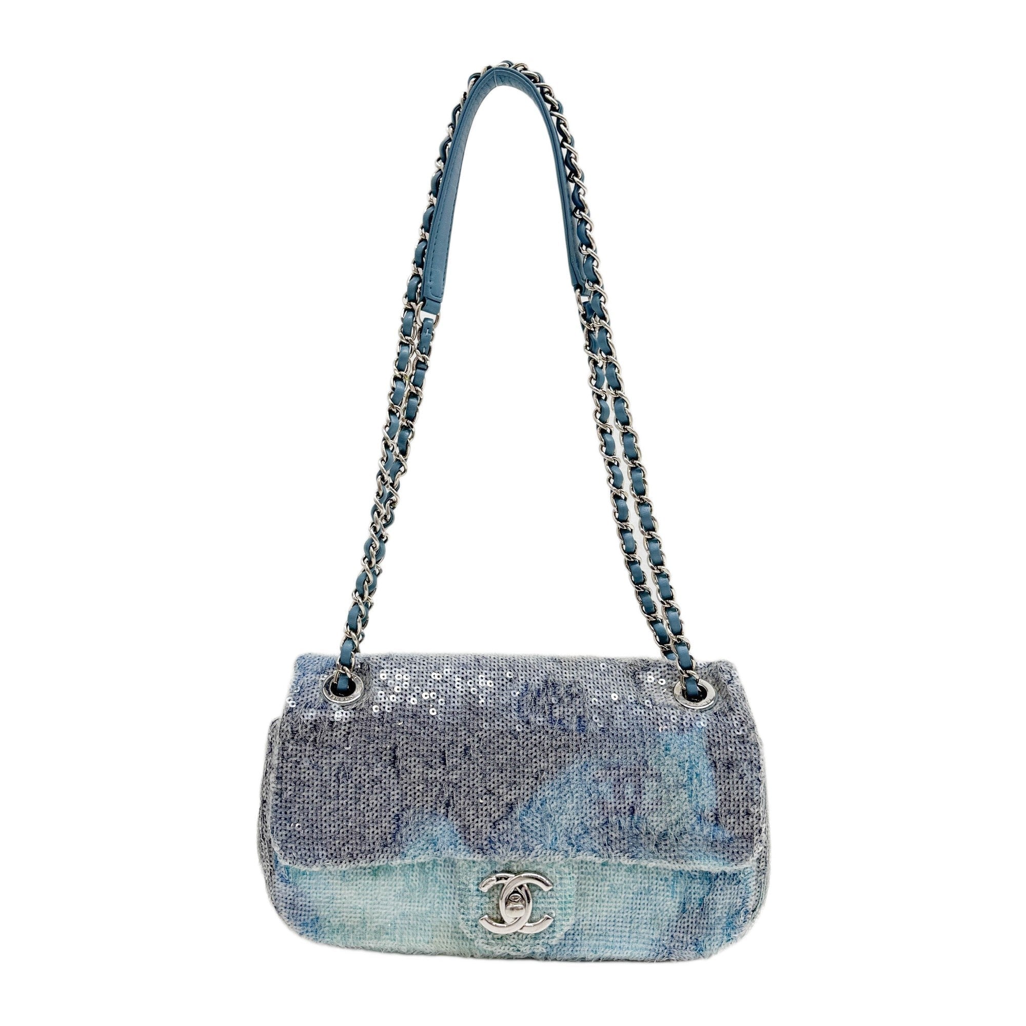 Classic Flap Waterfall Blue Sequin Shoulder Bag