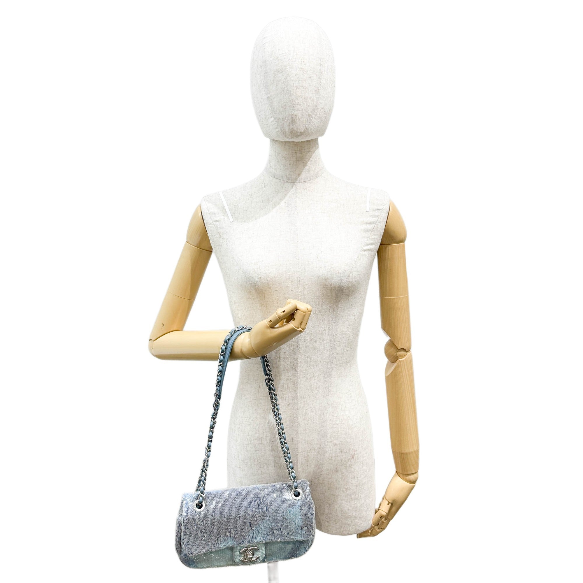 Classic Flap Waterfall Blue Sequin Shoulder Bag