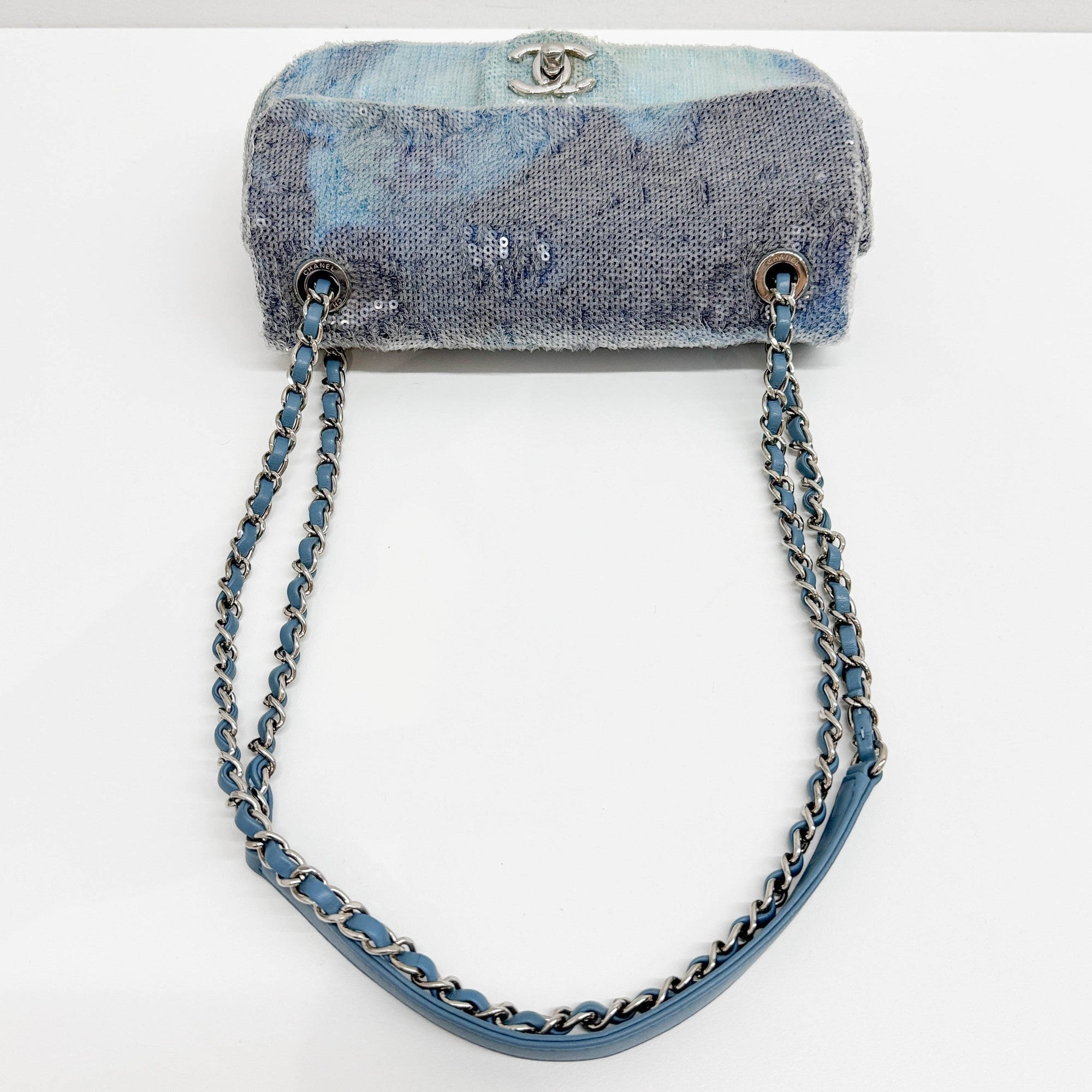 Classic Flap Waterfall Blue Sequin Shoulder Bag
