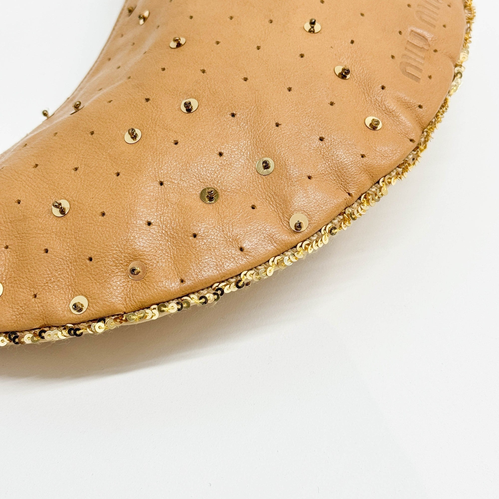 Crescent Sequined Tan Leather Shoulder Bag