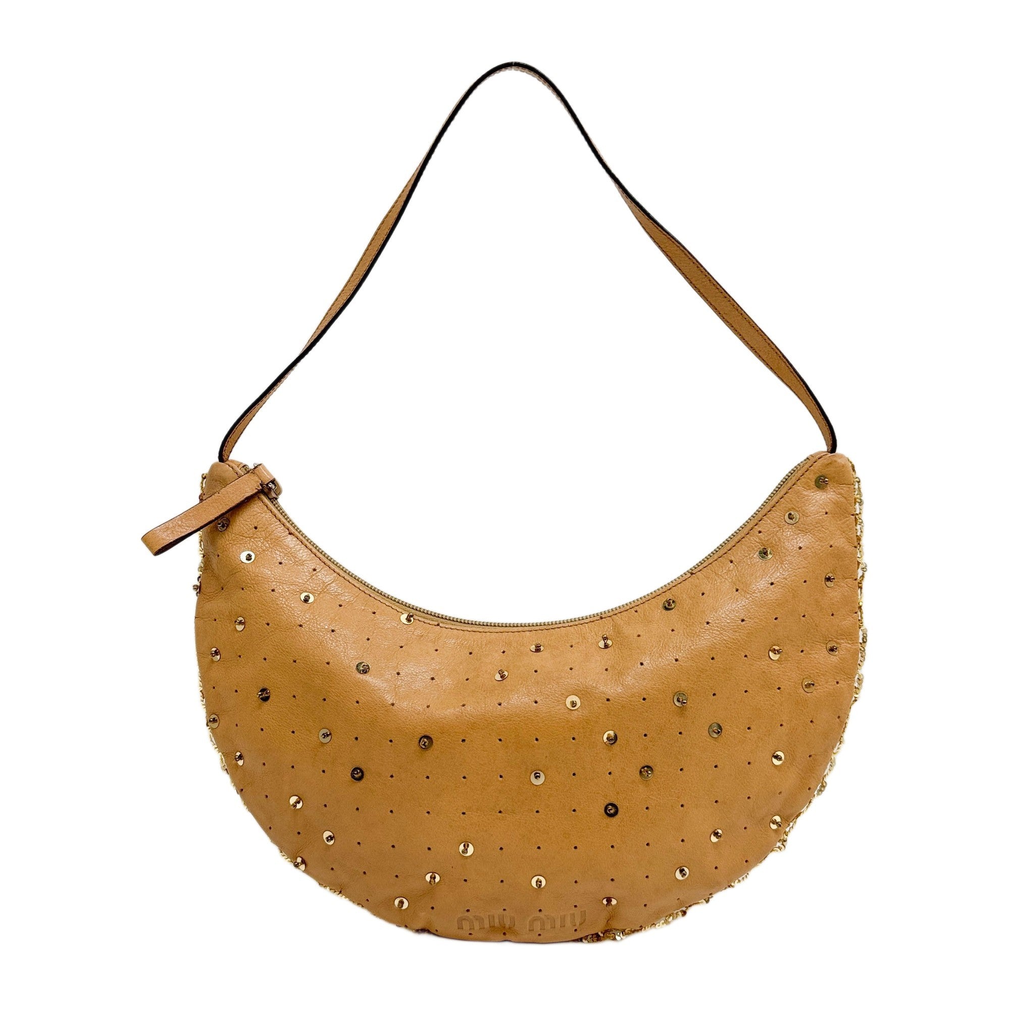 Crescent Sequined Tan Leather Shoulder Bag