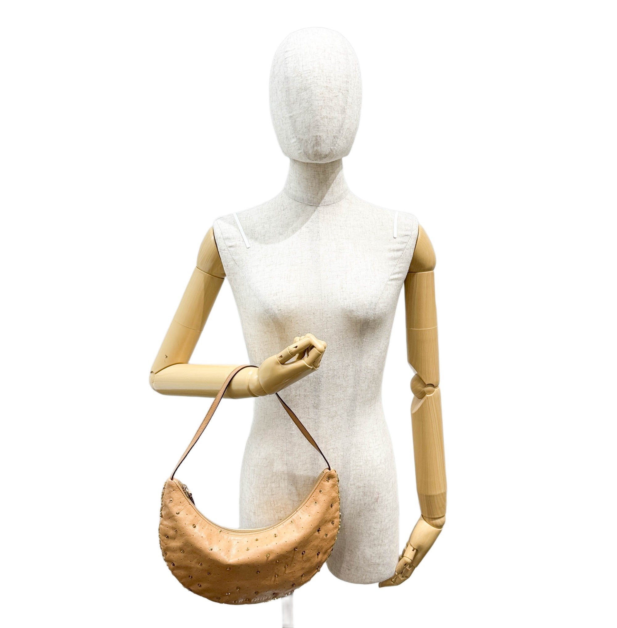 Crescent Sequined Tan Leather Shoulder Bag