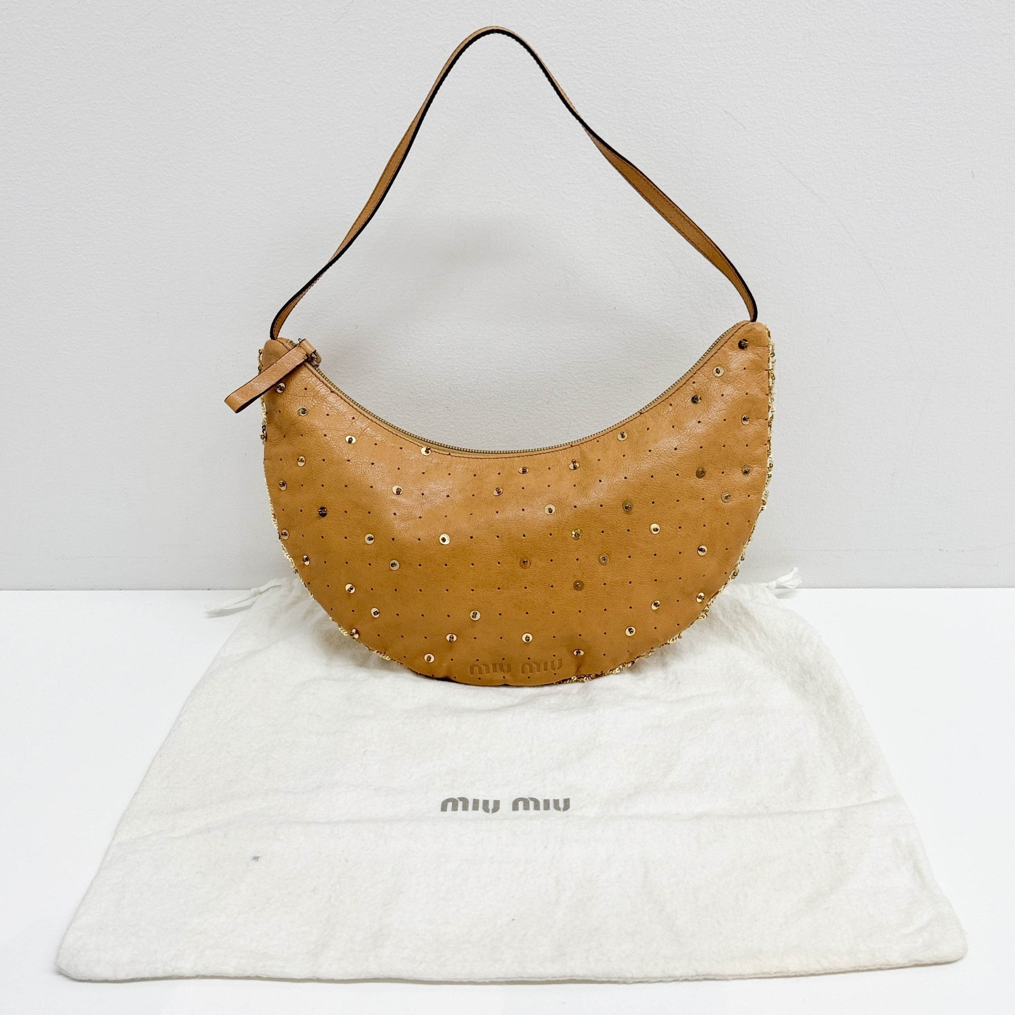 Crescent Sequined Tan Leather Shoulder Bag