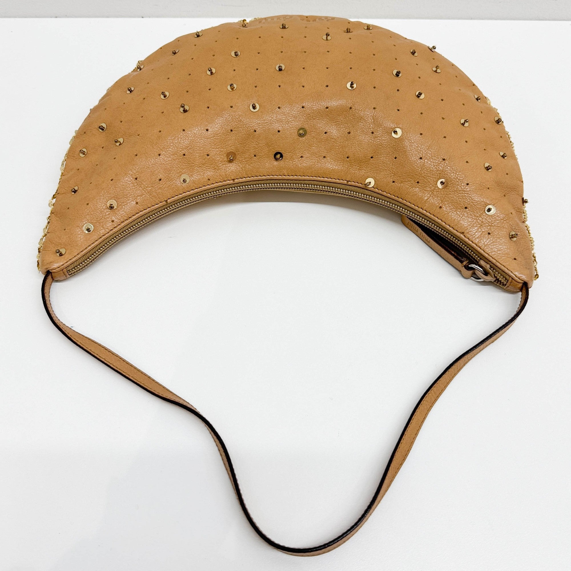 Crescent Sequined Tan Leather Shoulder Bag
